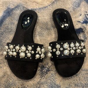 Black Pearl Embellished Slide Sandals Size 8